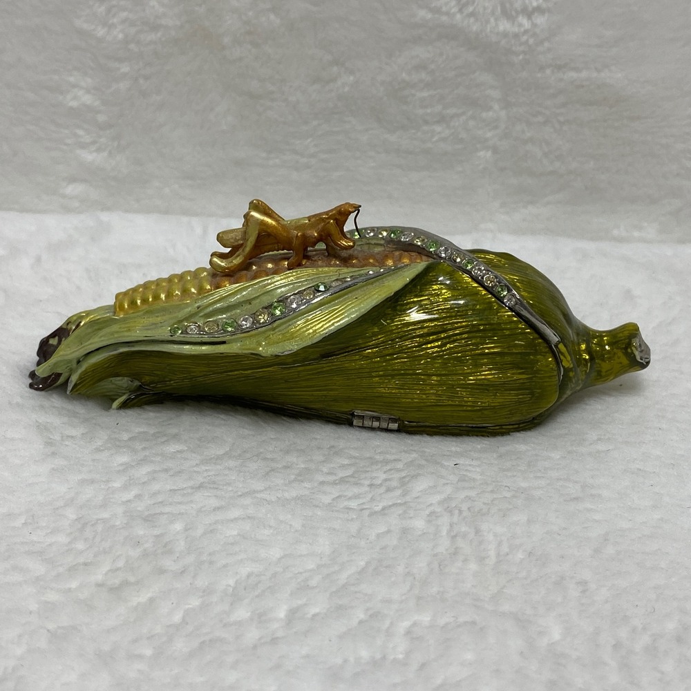 VTG Ear of Corn Grasshopper Trinket Pill‎ Box with Rhinestones Silver Tone Decor